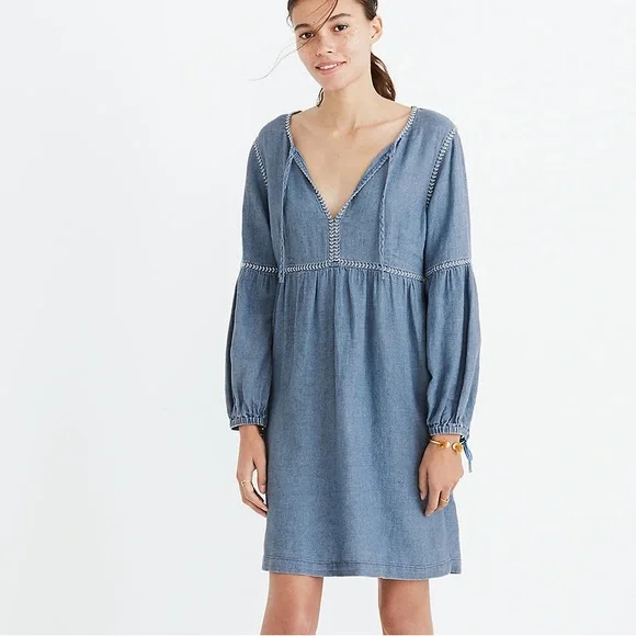 denim peasant dress Light Wash Denim Rhinestone Detail Mini Dress main image 0